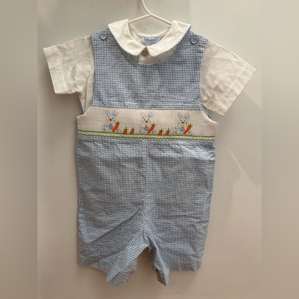 Blue Seersucker Bunny Smocked Jon Jon • Easter